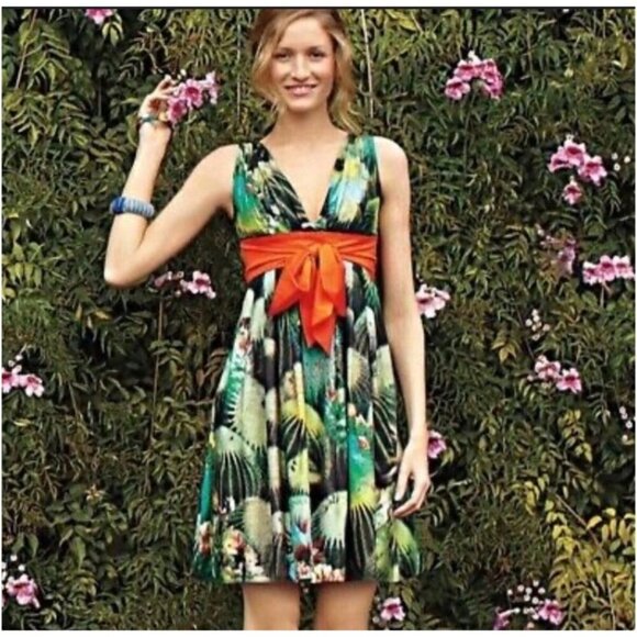 Anthropologie‎ Eva Franco Oroya Dress Surplice Neckline Orange Sash Size 4 - Picture 1 of 13